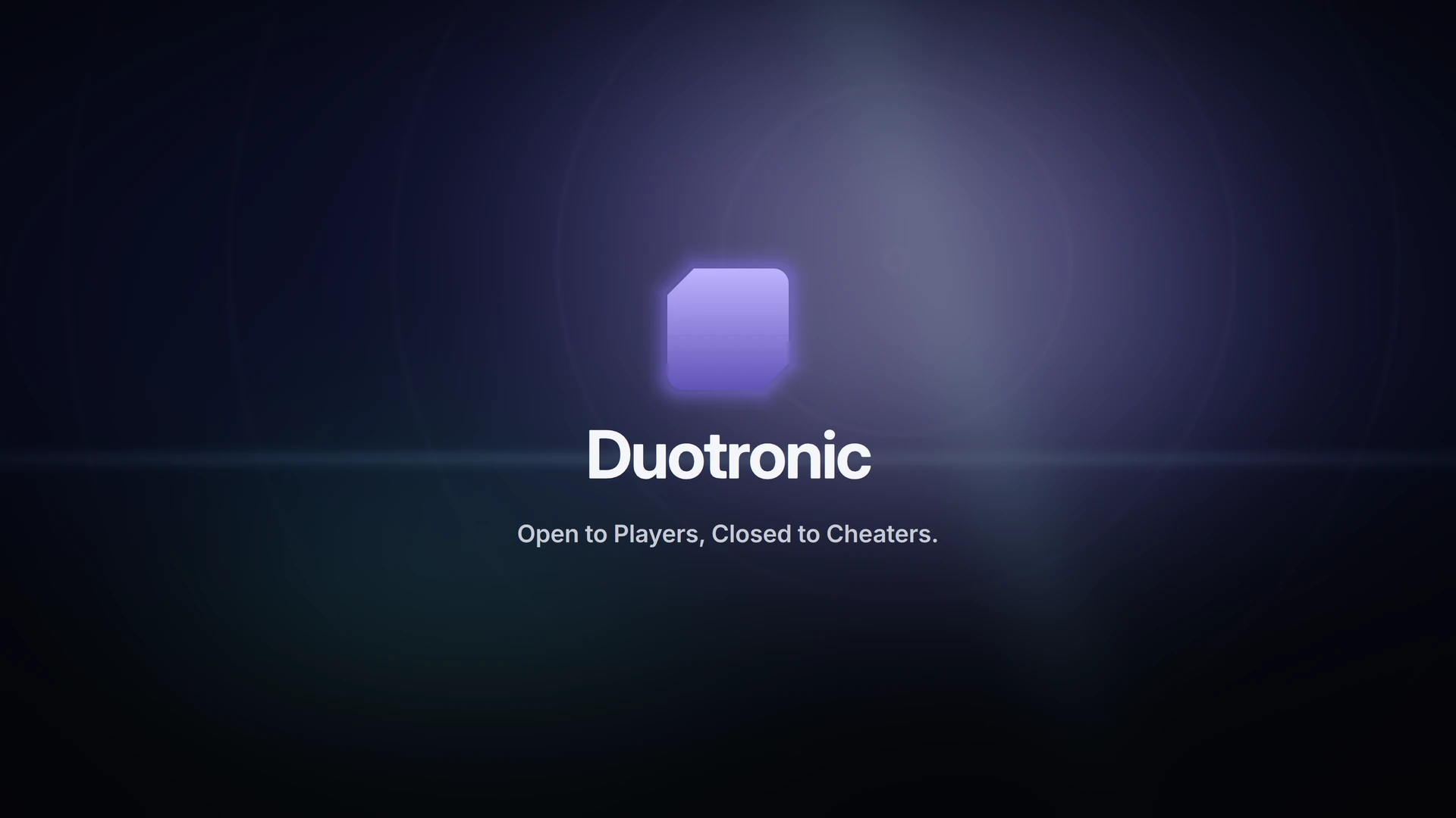The Duotronic start screen: the violet mark, the name and the slogan over a soft horizon of light.