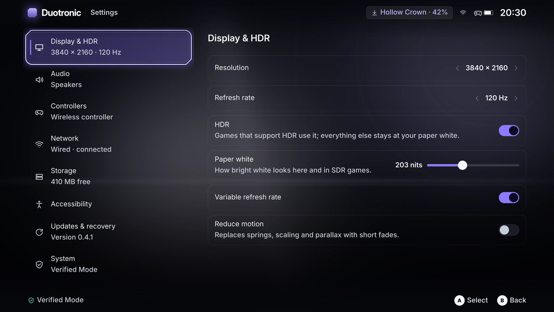Display and HDR settings, where every row shows its current value, beside a list of setting categories.